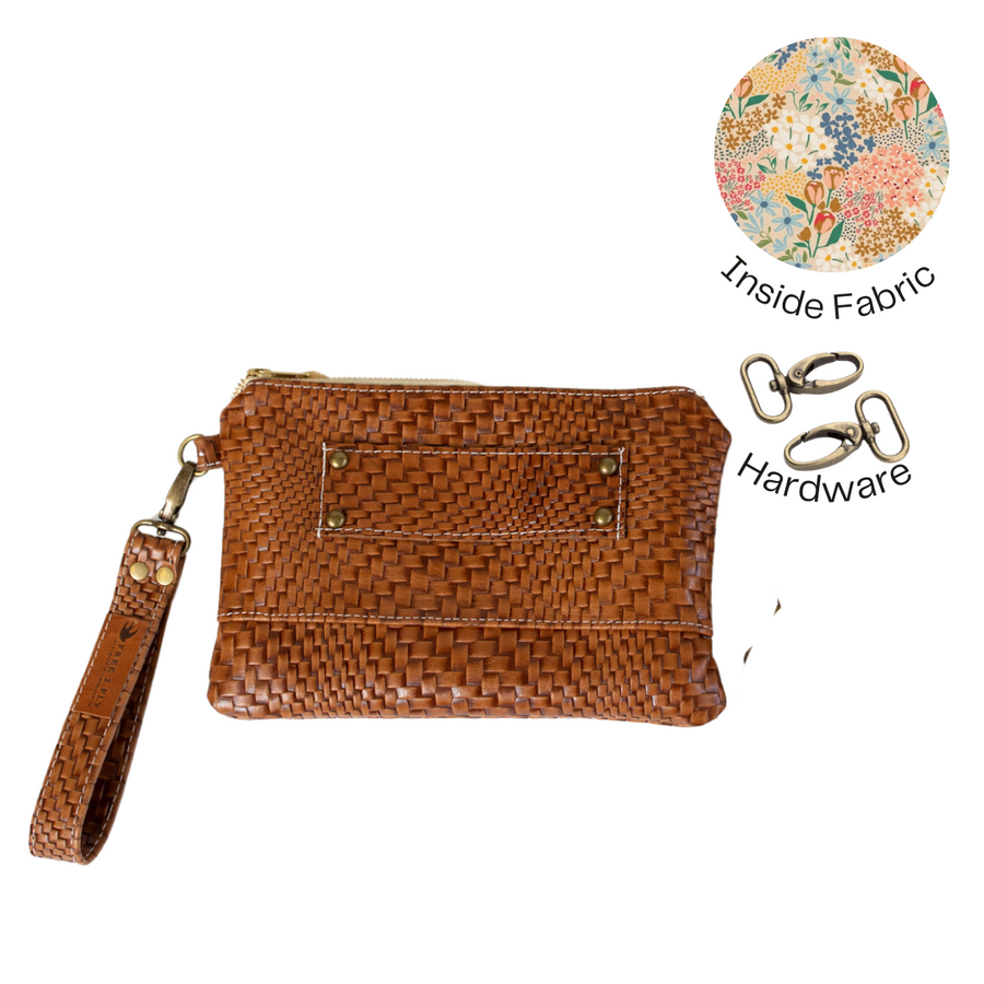 Cognac Butan Woven All Leather Ivey Wristlet Wallet READY TO SHIP
