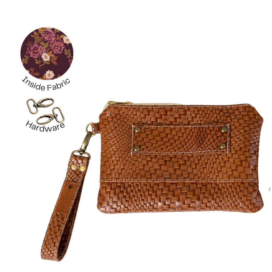 Ivey Wristlet Wallet All Leather Cognac Butan Woven READY TO SHIP