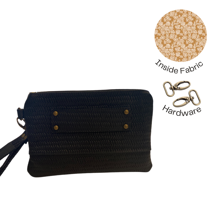 Black Woven All Leather Ivey Wristlet Wallet READY TO SHIP
