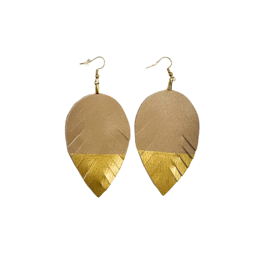 Genuine Leather Feather Earrings Latte Gold Dipped