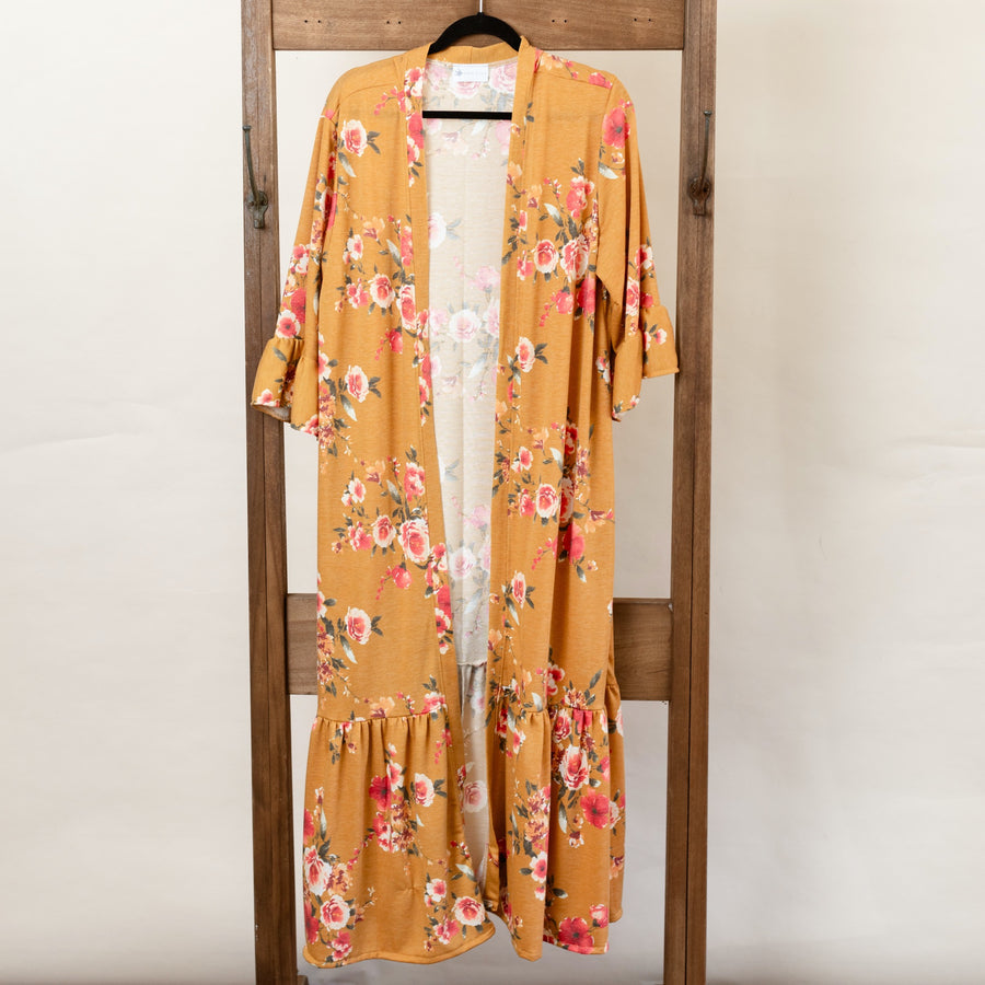 The Nikki Ruffle Kimono Mustard Floral Medium/Large