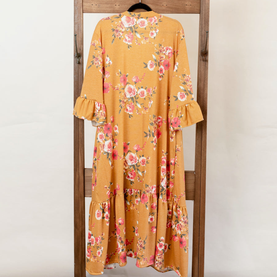 The Nikki Ruffle Kimono Mustard Floral Small/Medium