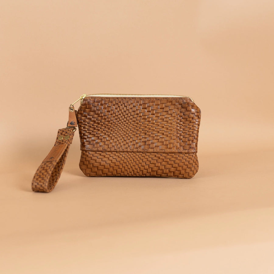 Ivey Wristlet Wallet Small All Leather: Cognac Butan Woven