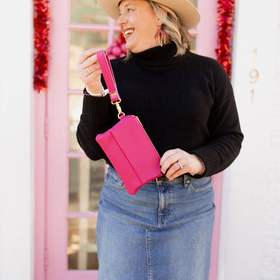 Ivey Wristlet Wallet Small All Leather Hot Pink Italian Pebble